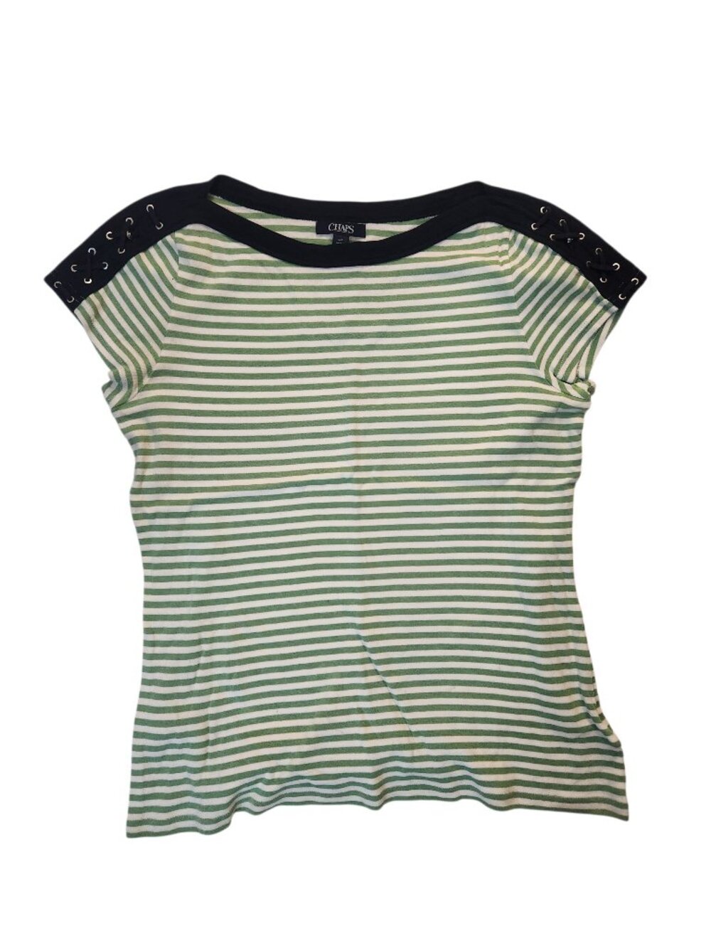Chaps Womens Striped T-Shirt Size L Green White Navy Striped Nautical Casual